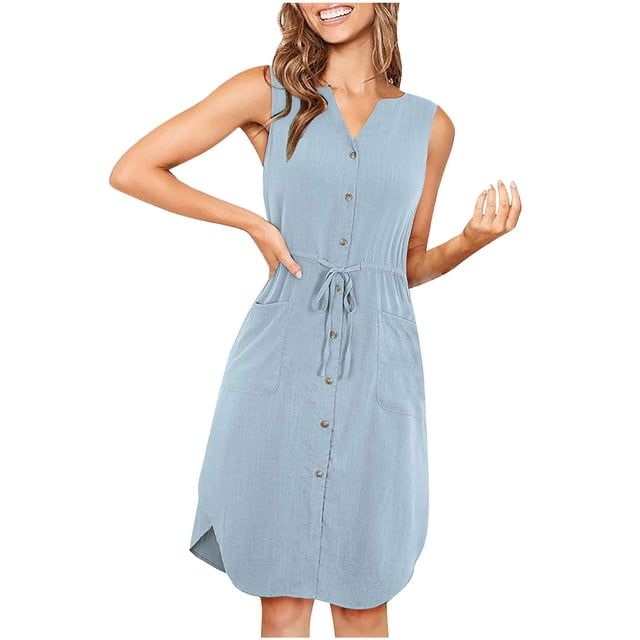 Robes d'Été pour Femmes Tendance Col en V Boutonnée Unie avec Cordon de Serrage Sans Manches Robes Midi avec Poches
