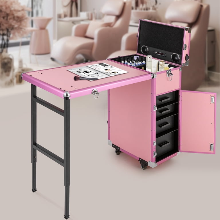 Rolling Manicure Table Nail Desk Travel Train Case Cosmetic