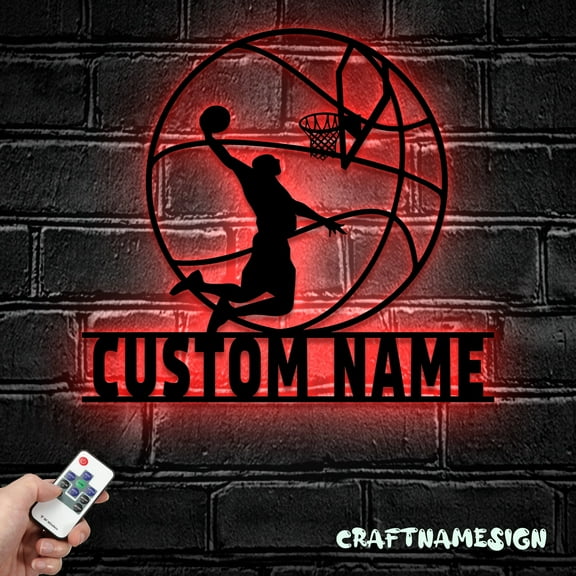 Craftnamesign Custom Basketball Metal Wall Art LED Light, Personalized Boy Player Name Sign