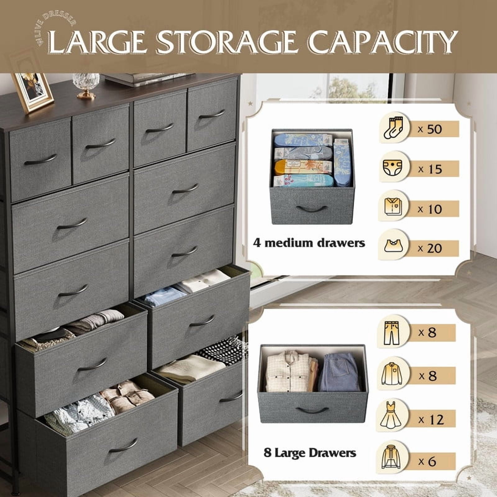 Kelno 12 Drawer Fabric Dresser Storage Tower Sturdy Steel Frame Wood Top Organizer, Gray