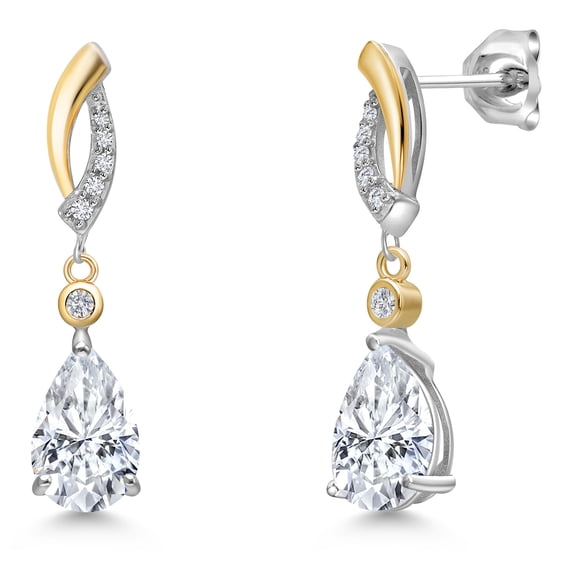 Gem Stone King 925 Silver and 10K Yellow Gold White Moissanite and White Lab Grown Diamond Earrings for Women | 2.71 Cttw | Gemstone | Pear Shape 9X6MM