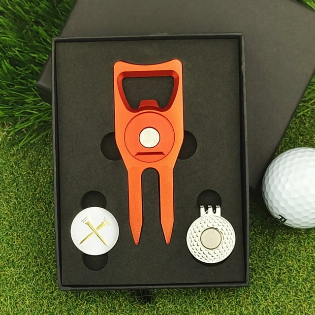 New Golf Gift Set Green Fork Aluminum Alloy CNC Anodized Ball Marker Divot Tool Repairer with Gift Box Light Grey