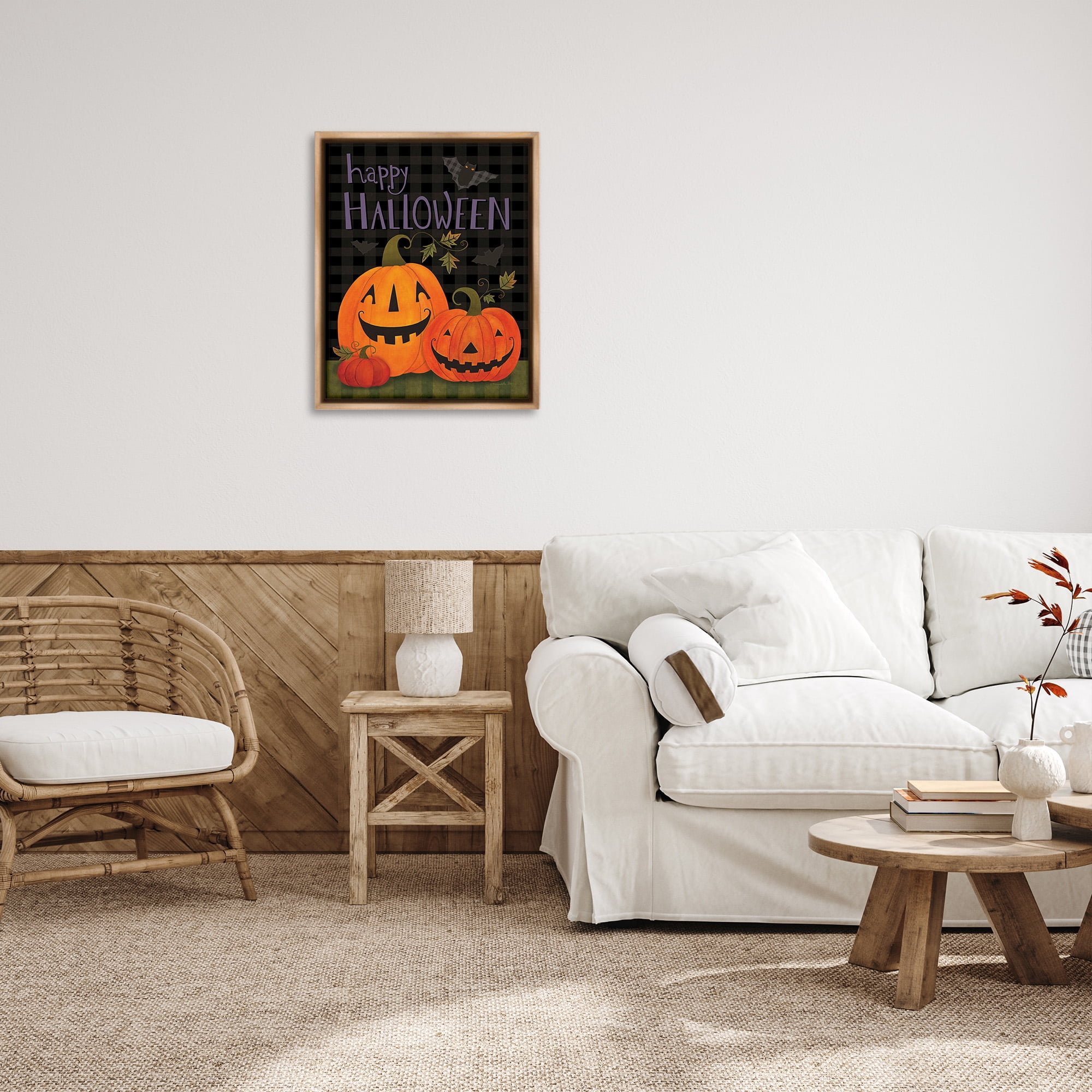 Stupell Industries Pumpkins & Bat on Plaid Holiday Painting Brown Floater Framed Canvas Art Print Wall Art, 25 x 31