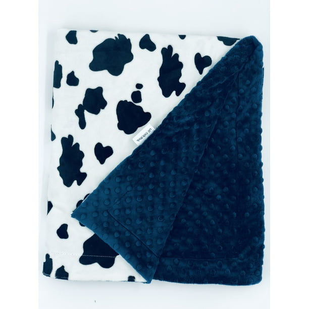 Lil' Cub Hub Minky Baby Blanket, Black and White Cow with Baby Blue