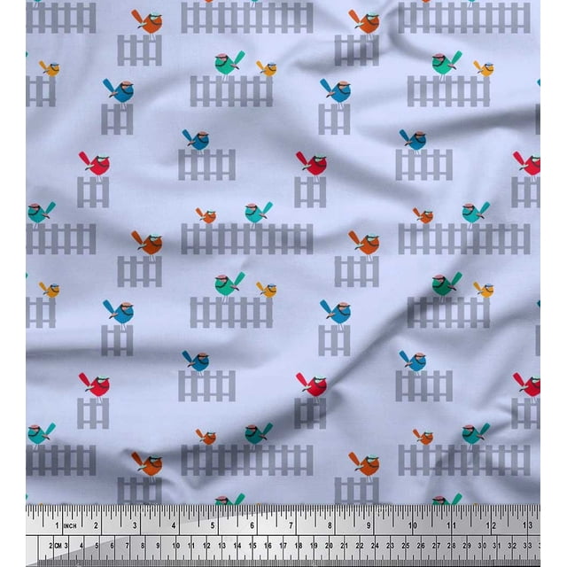 Soimoi Cotton Poplin Fabric Picket Fence & Bird Artistic Printed Craft Fabric by the Yard 56 Inch Wide