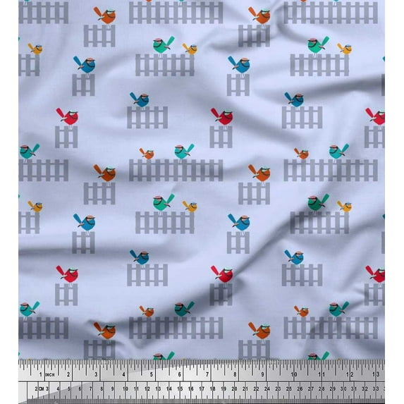 Soimoi Cotton Duck Fabric Picket Fence & Bird Artistic Print Fabric by the Yard 56 Inch Wide