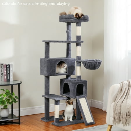 Pefilos 60" Cat Tree for Large Cats, Indoor Cat Tower for Cozy Plush Perches Multi-Level Cat Condo Play House, Gray