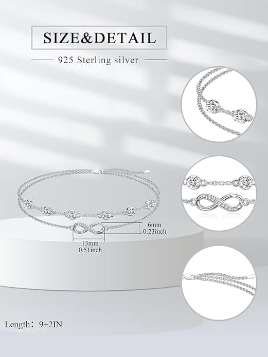 CACA LADY Women's 925 Sterling Silver Adjustable Anklet Endless Love Symbol Anklet Adjustable Plus Size Large Valentine's Day Mother's Day Gift for Her