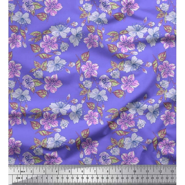 Soimoi polyester Crepe Fabric Leaves & Buttercup Floral Printed Fabric 1 Yard 42 Inch Wide