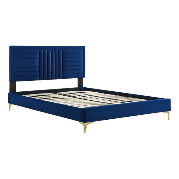 Modway Sofia Channel Tufted Performance Velvet Twin Platform Bed in Navy