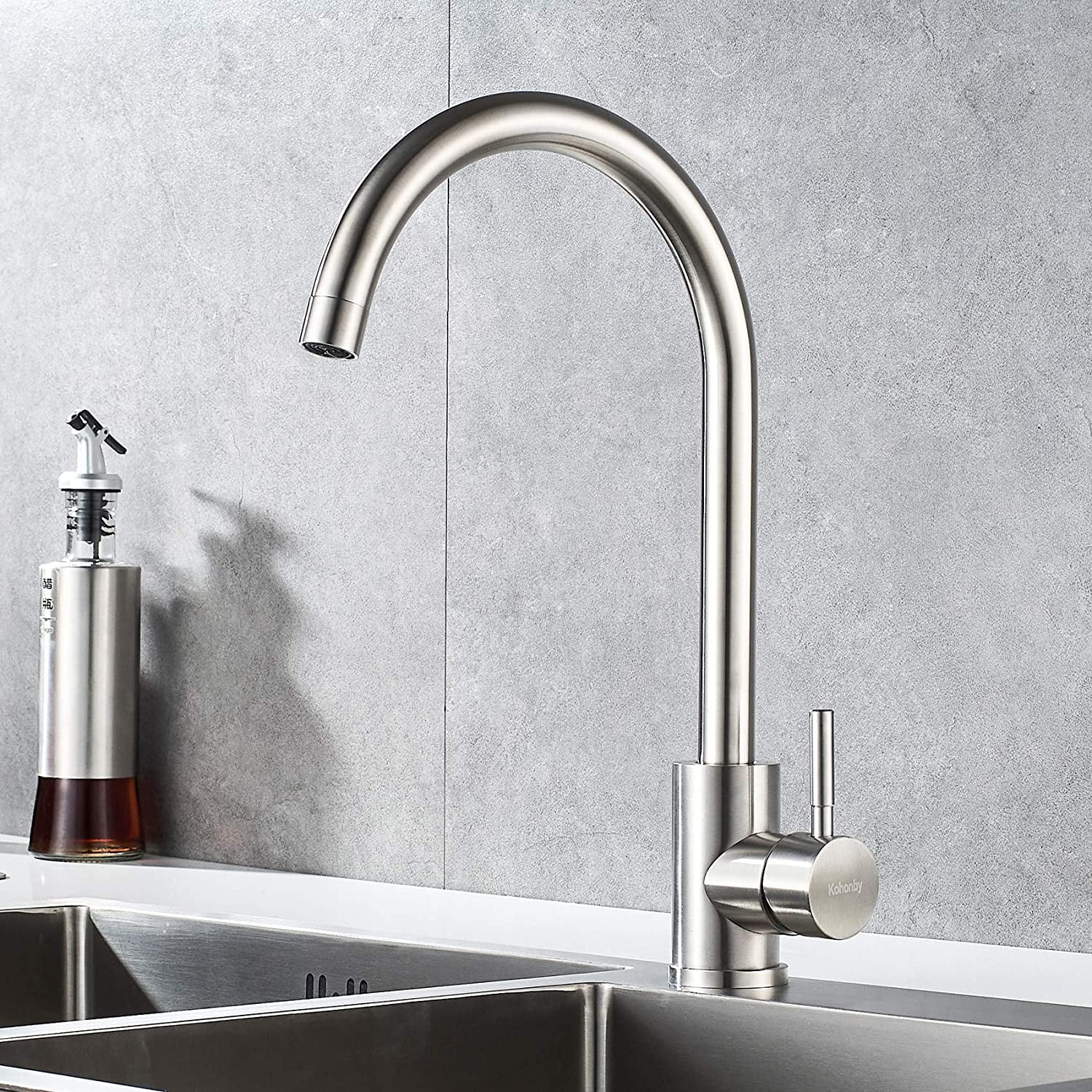 Single Handle High Arc Brushed Nickel Kitchen Faucet Stainless Steel Commercial Single Hole Kitchen Sink Faucet, Modern One Hole Bar Sink Faucet with Deck Plate