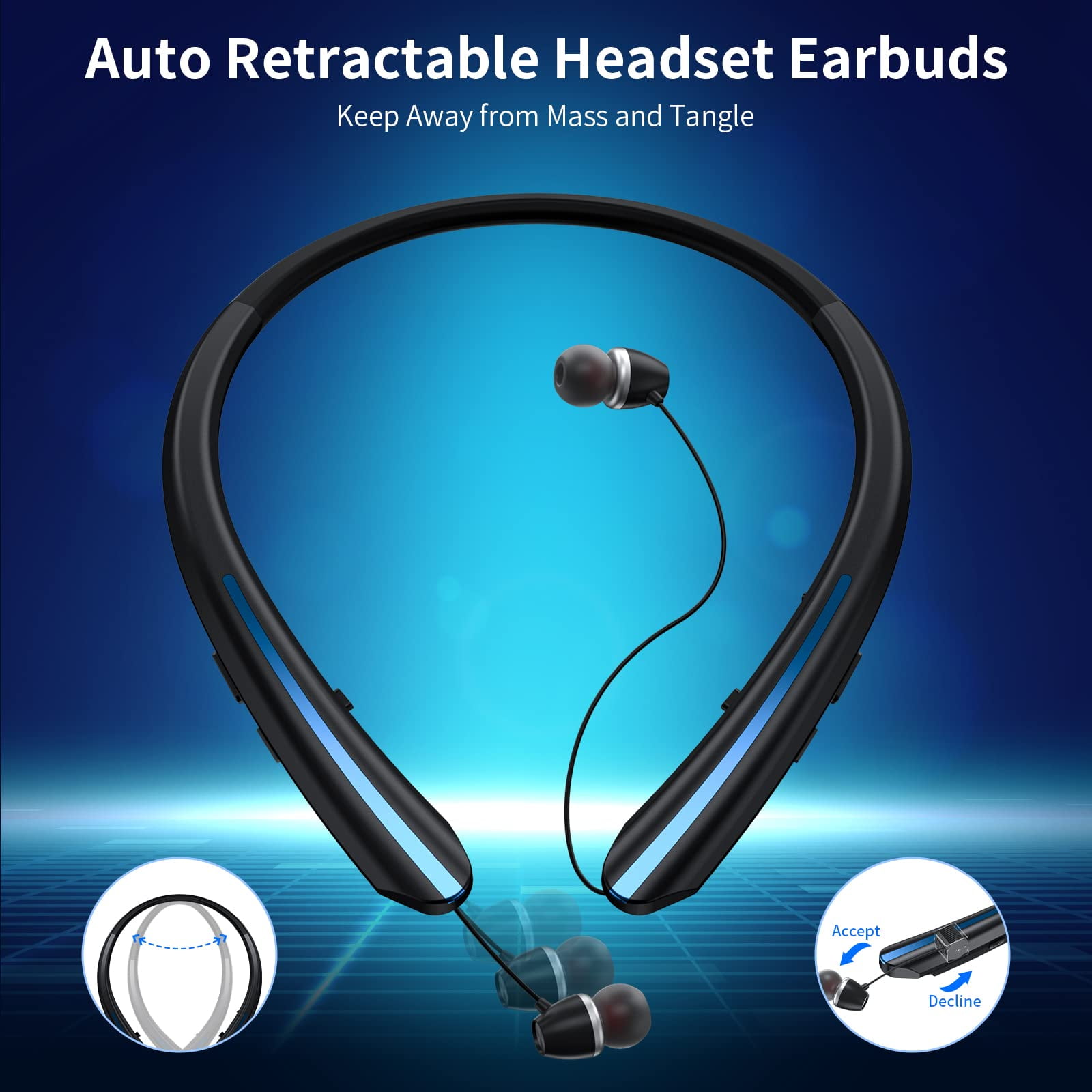 Wireless Neckband Bluetooth Headphones with Retractable Earbuds, IPX5 Sweatproof, Microphone, Vibration Call, Stereo Noise Cancelling Earphones