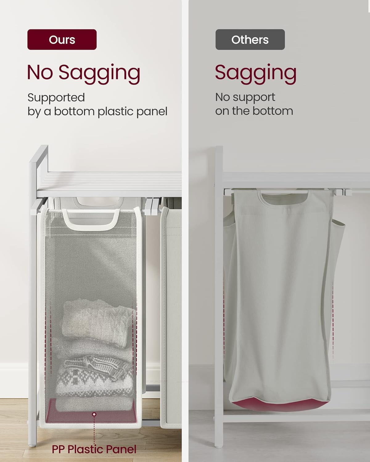 3 Section Laundry Hamper with shelf Laundry Sorter with 3 Pull-Out and Removable Bags for Bathroom Laundry Room White