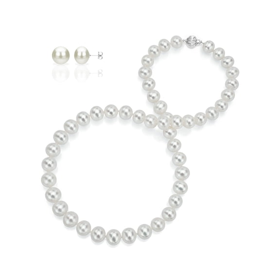 ADDURN 14Kt White Gold Freshwater Pearl Necklace and Stud Earring Set for Woman - AAA Quality - Variant Sizes Available.
