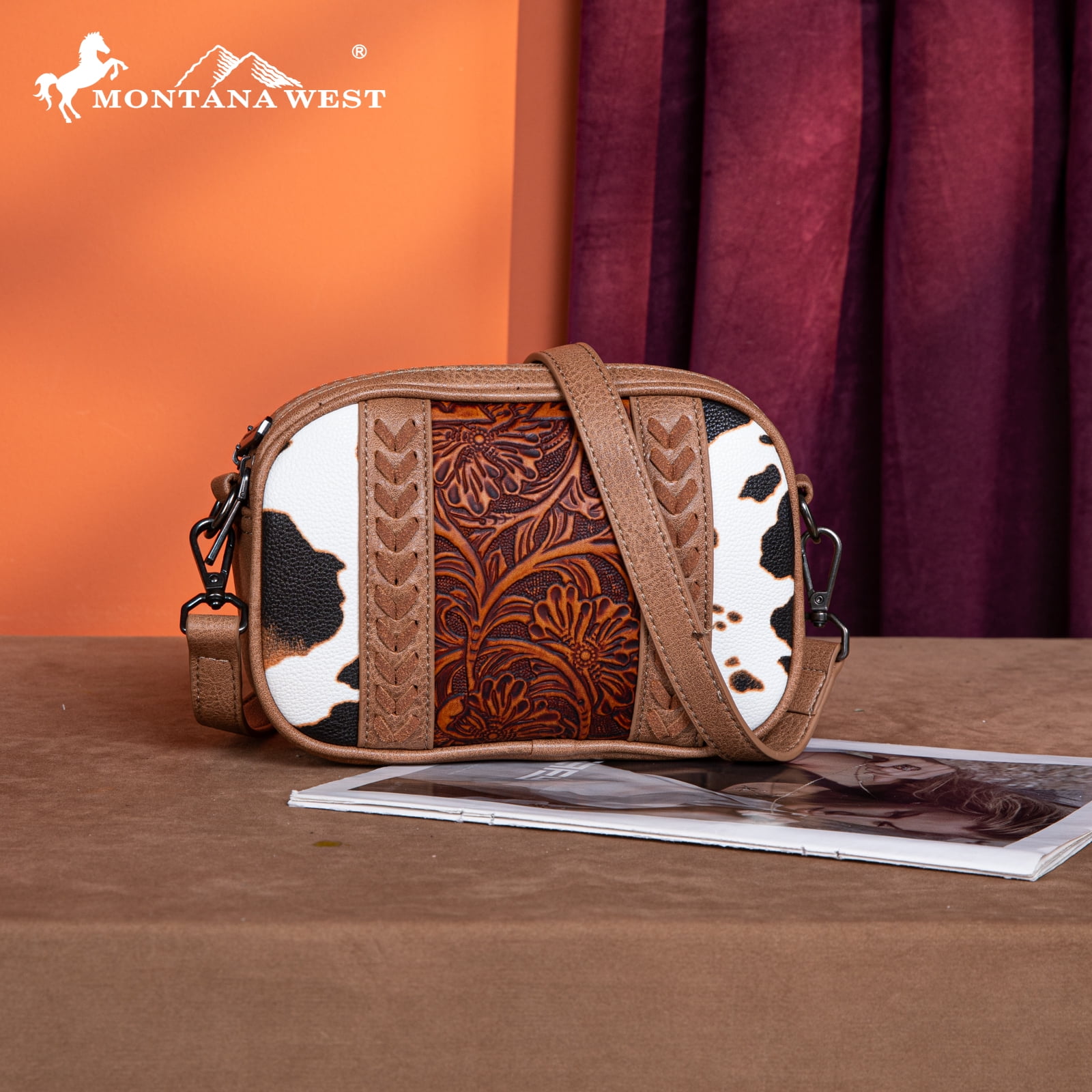 Montana West Cow Print Crossbody Bag for Women Western Tooled Design with Built in Card Holder, Stylish and Functional Purse, Brown
