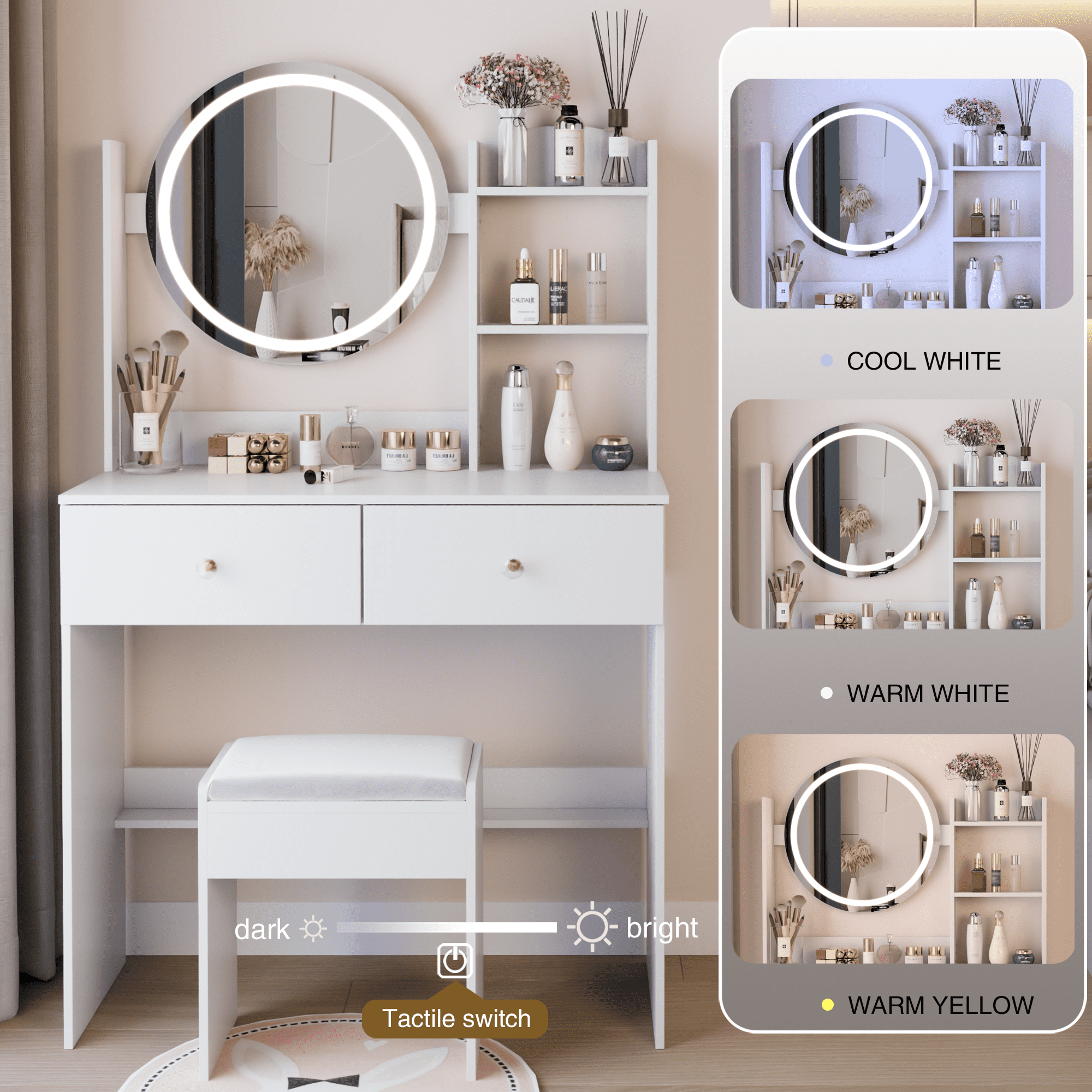 Leumius Makeup Vanity Desk with Mirror and Lights,Dressing Table with 2 Drawers,3 Color Lighting Brightness,Multi-layer High Capacity Storage Makeup Table for Bedroom,White