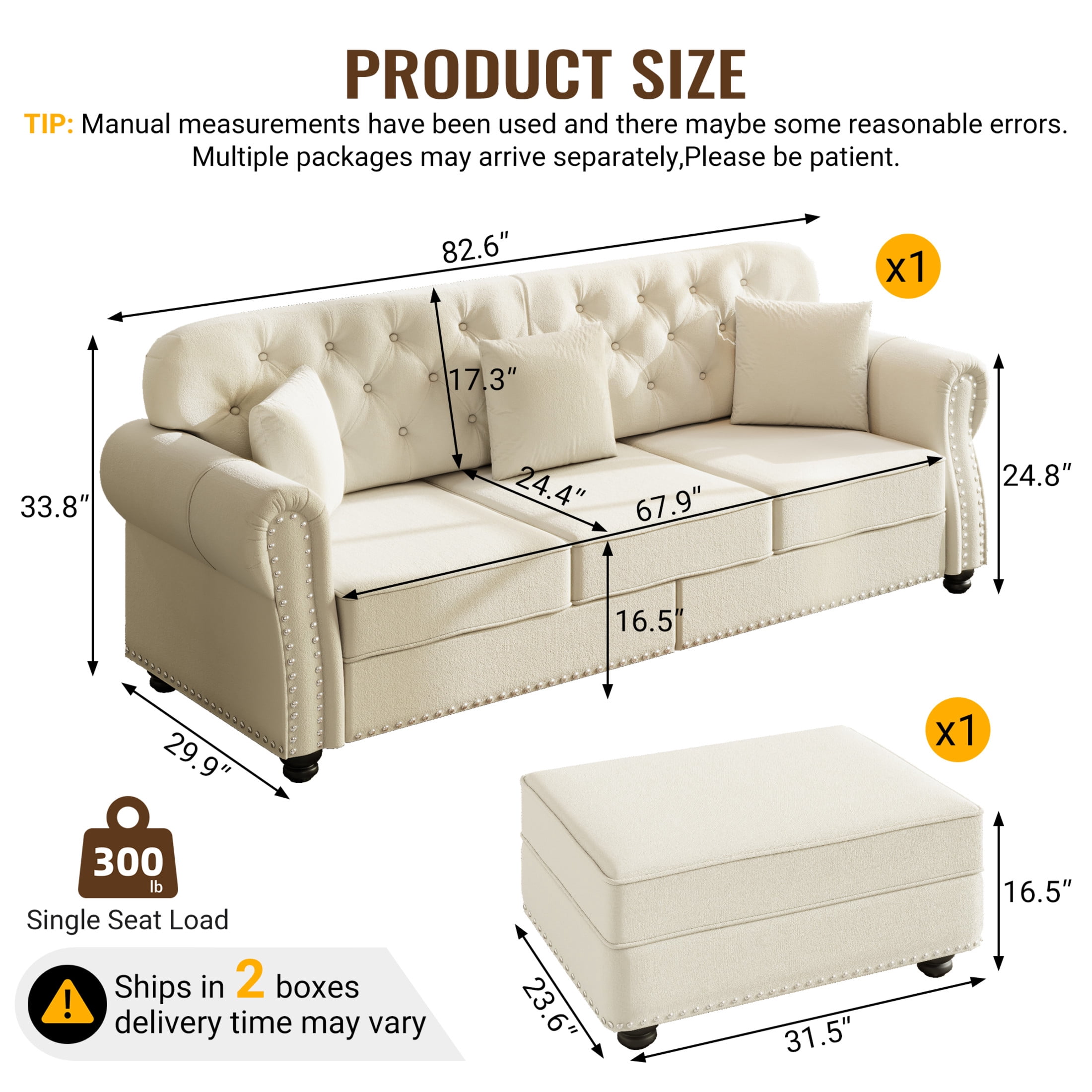 Noble House Kieran 3-Seater Velvet Chesterfield Sofa, Modern Tufted Armchair with Nailhead Trim and Ottoman, Beige White