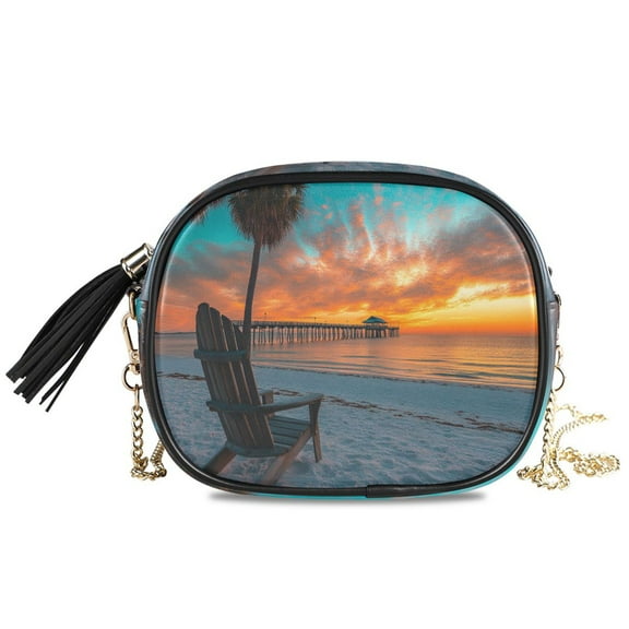 Womens Casual Chain Shoulder Bag Simple style Beach Sunset with Pier Crossbody Bag