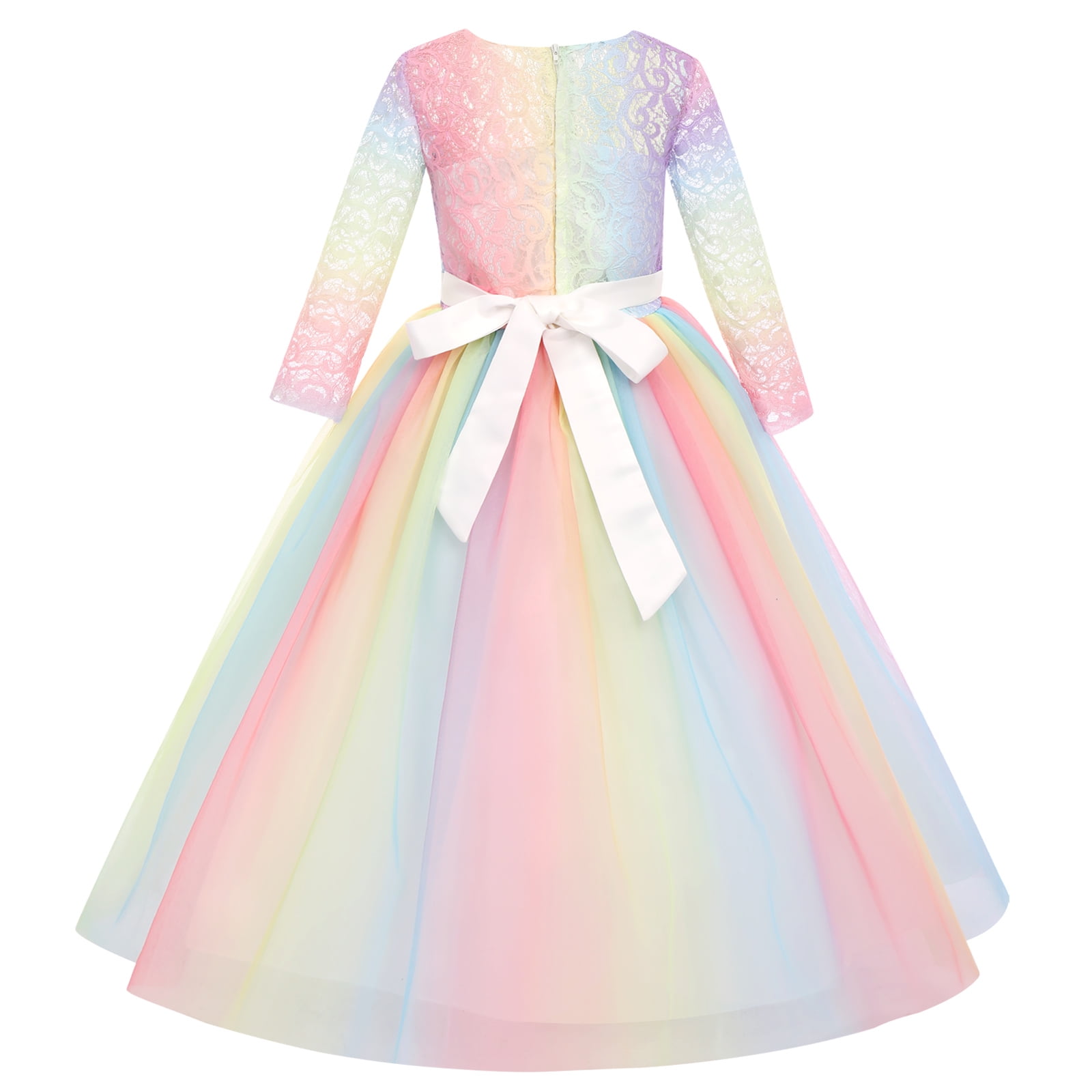 white pageant dress with rainbow sash and flowers