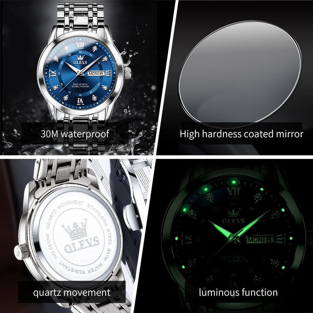 OLEVS Watches For Men Diamond Business Dress Luxury Casual Analog Quartz Stainless Steel Waterproof Luminous Date Men Wrist Watches Reloj Para Hombre Blue Dial