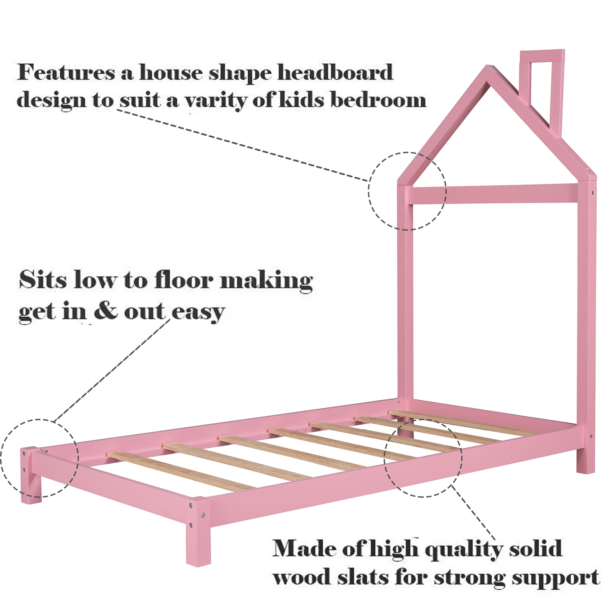 Bellemave Twin Size Kids Bed Frame with House-Shaped Headboard, Solid Wood Toddler Platform Bed with Slats for Girls Boys, No Box Spring Needed (Pink)