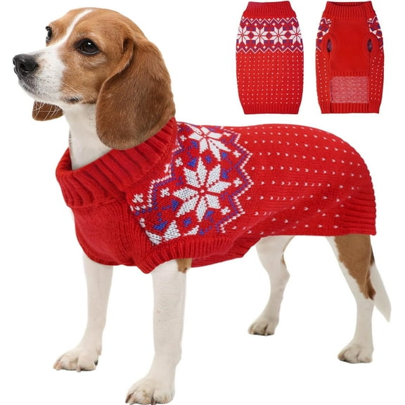 Kuoser Dog Cat Sweater, Holiday Christmas Snowflake Pet Warm Knitwear, Red, L