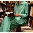 thumbnail image 5 of Amzcrzy Two Piece Sets for Women 2026 Solid Color Spring Outfits V Neck Button Down Shirt with Roll Tab Sleeves Wide Leg Pants Lounge Sets with Pockets Dressy Casual Loungewear Sets Green L, 5 of 6