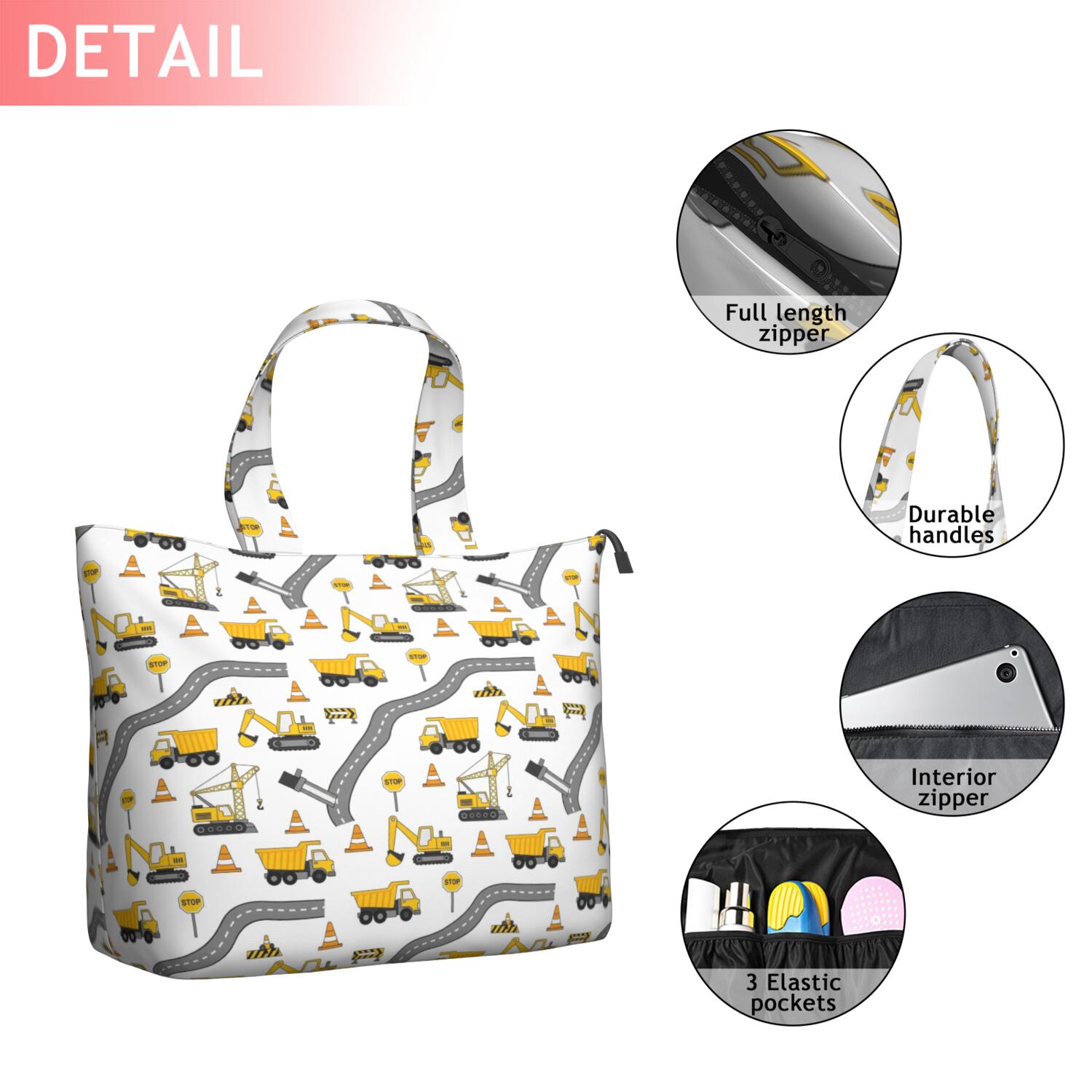Cartoon Construction Vehicles Roads White Pattern Travel Tote Bags for Women Carry On,Large Weekender Bags for Women Travel,Multi Functional Duffle Bag for Work,Shopping,Sports