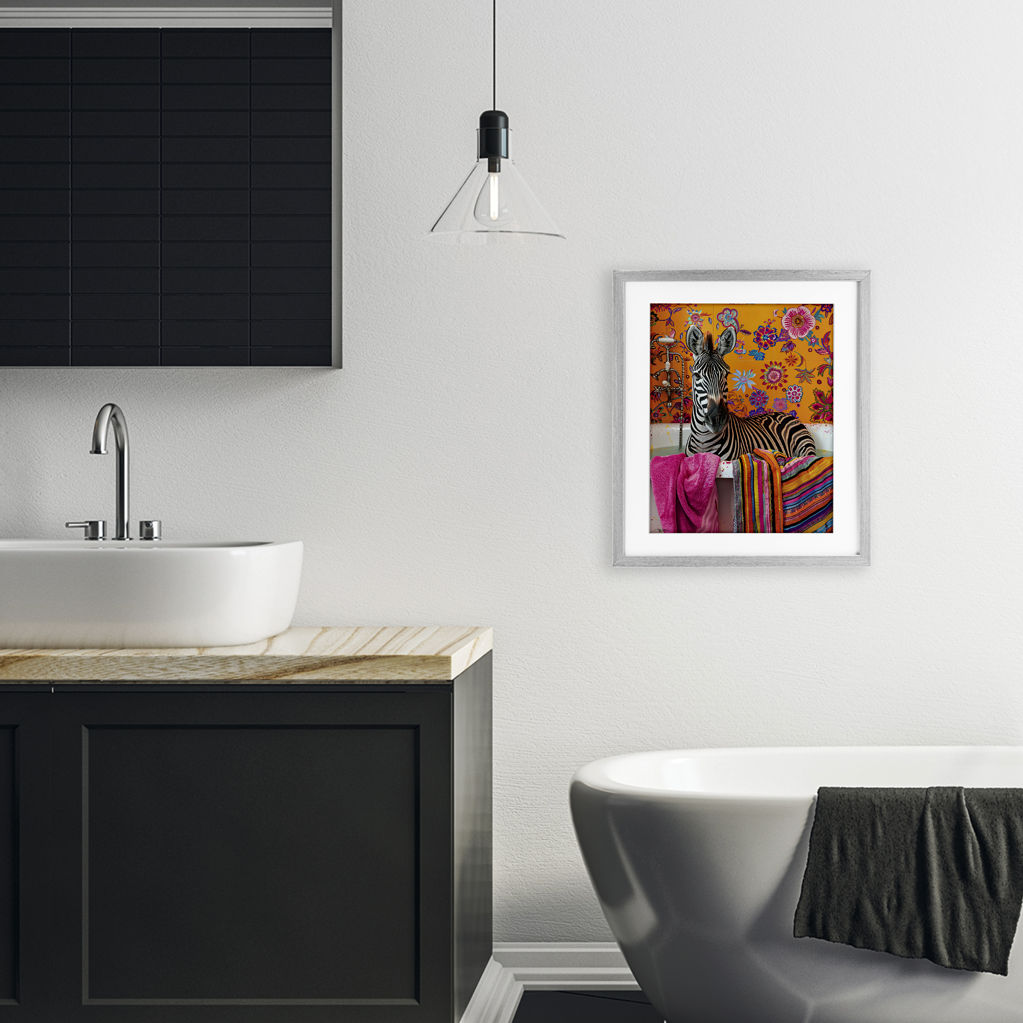 Zebra Bath with Colorful Towel Gray Framed Print Under Glass, design by Momart