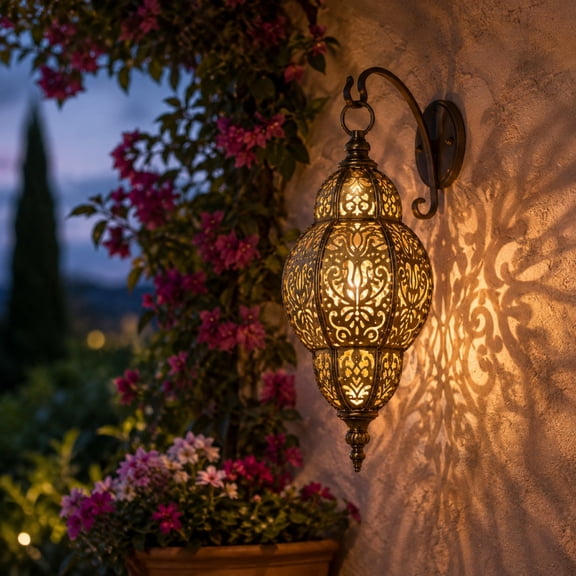 Solar Hanging Lantern Outdoor, Baroque Oval Decorative Light with Warm White Glow, Vintage Metal Lantern with Artistic Cutout Pattern, Weather Resistant Garden Light for Patio, Porch, Yard, Balcony a