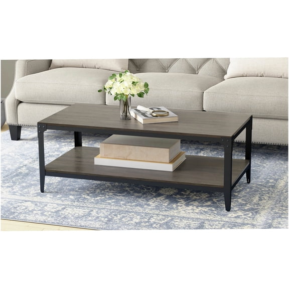 Industrial Brown Solid Wood Coffee Table with Storage Shelf