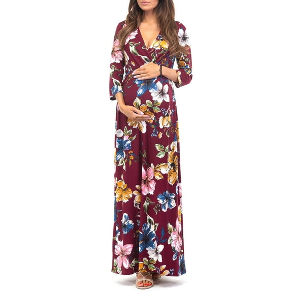 Mother Bee Maternity V-Neck 3/4 Sleeve Ruched Waist Dress
