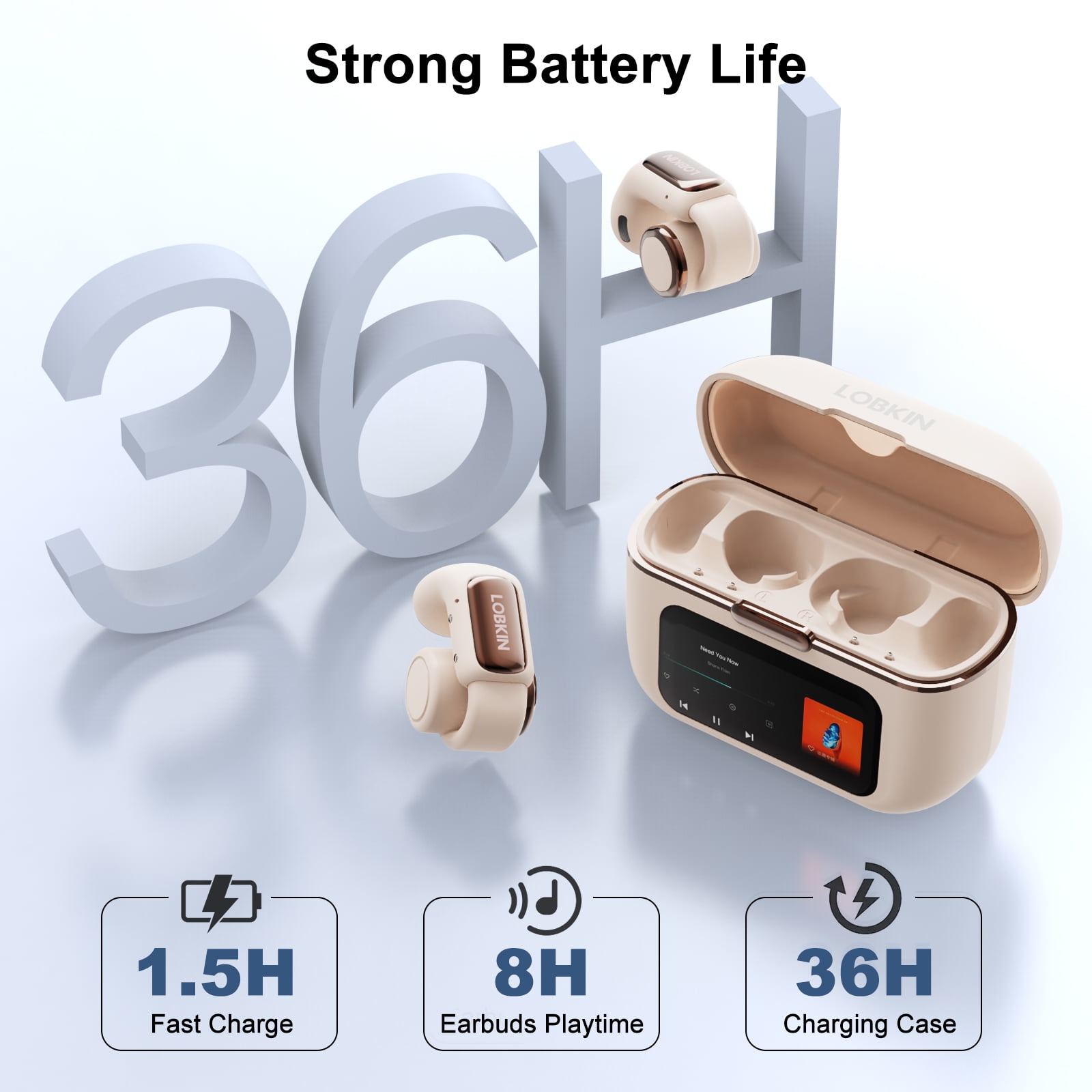 LOBKIN Open Ear Earbuds, Wireless Earbuds, Bluetooth Headphones with Mic, LED Display, Bluetooth 5.4, 36H Playtime, Light Weight, Clip On Earbuds for Workout/Running (Off-White)