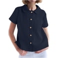 thumbnail image 3 of YOIAVAIOY Peter Pan Collar Shirts Women Business Button Up Shirts Lightweight Casual Short Sleeve Blouse Navy S, 3 of 8