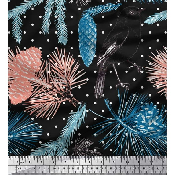 Soimoi Black Cotton Jersey Fabric Dot,Pinecone & American Robin Bird Print Sewing Fabric BTY 58 Inch Wide