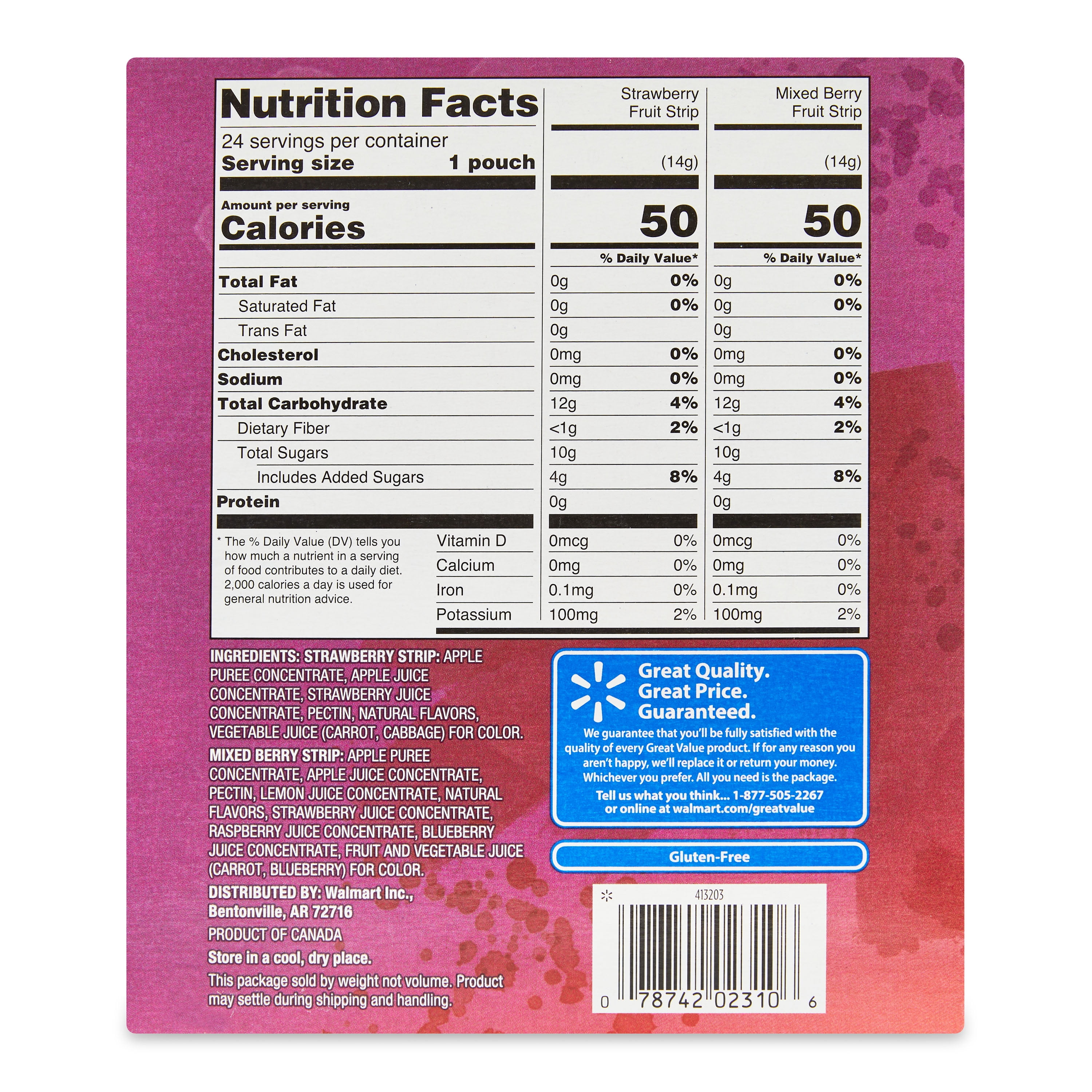 Great Value Fruit Strips, Mixed Berry and Strawberry, 0.5 oz, 24 Count