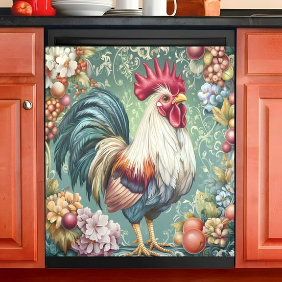 Ryvnso Rooster Floral Dishwasher Magnetic Refrigerator Magnet Cover Kitchen Home Decorative 23"x26"