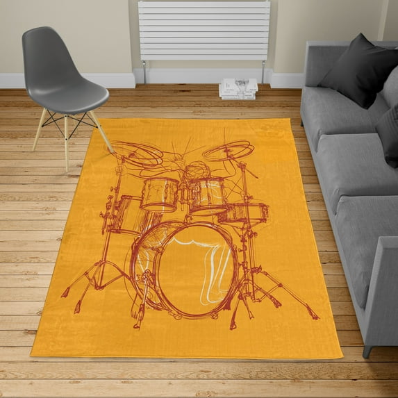 Rock Music Turkish Area Rug, Doodle Drawing Sketch Drummer Musical Inspirations Monochrome Arrangement, Carpet for Living Room Decor with Distressed Look, 4' X 5.7', Marigold Burgundy, by Ambesonne
