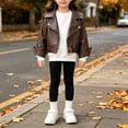 thumbnail image 2 of GiLiling Girls PU Leather Moto Jacket Soft Faux Leather Cropped with Notched Collar Coat Biker Jacket for Toddler to Kids (Coffee, 8-9 Years), 2 of 9