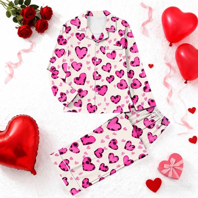 RKSTN Women's Valentines Pajama Sets Plus Size Notch Collar Button Down Valentine's Day Print T Shirt Top and Pjs Pant 2 Piece Matching Set Casual Lapel Sleepwear Shirt Pjs Loungewear Two Piece Set