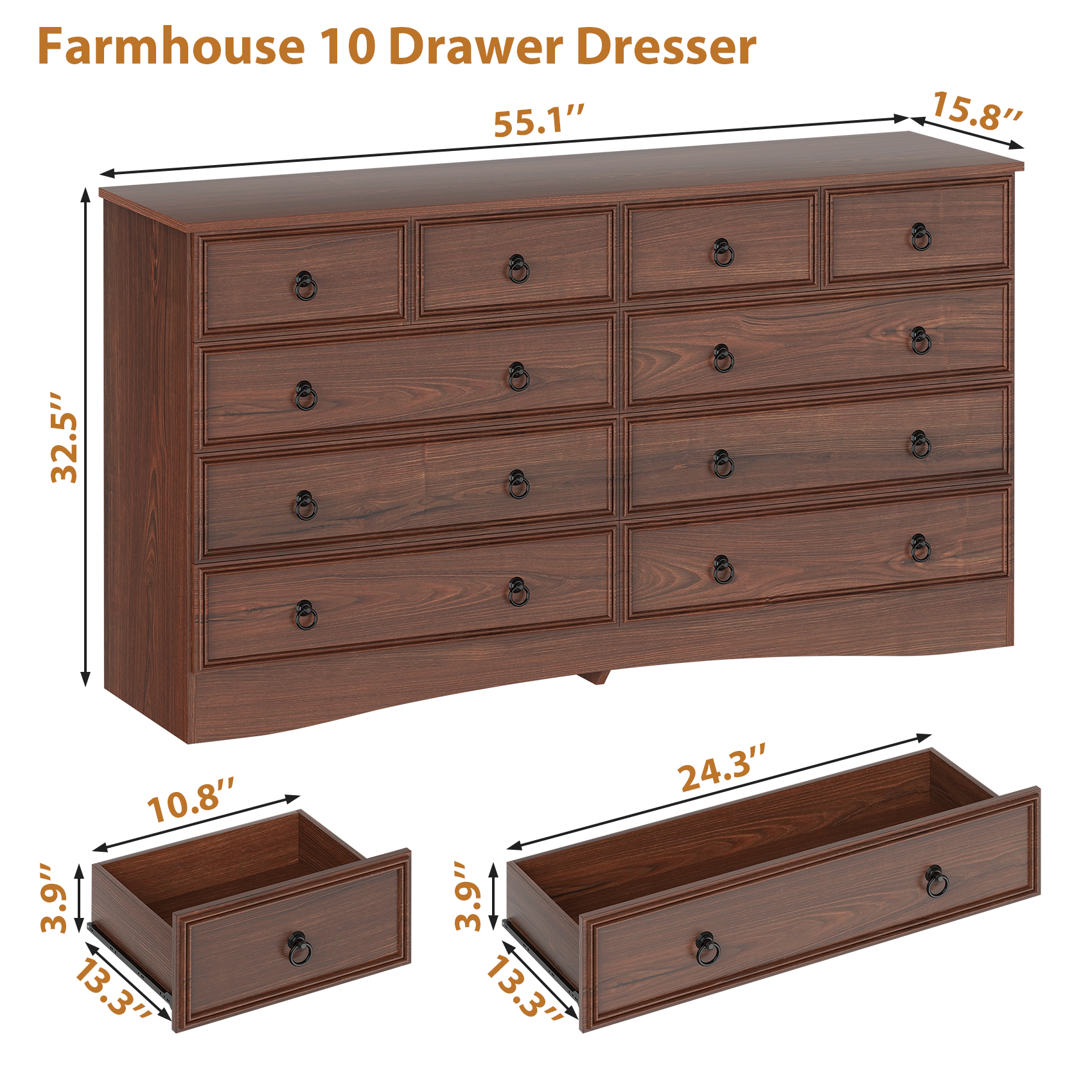 Frmobepts 10 Drawer Dresser for Bedroom, Dresser TV Stand, Chest of Drawers for Storage and Organization, Cherry