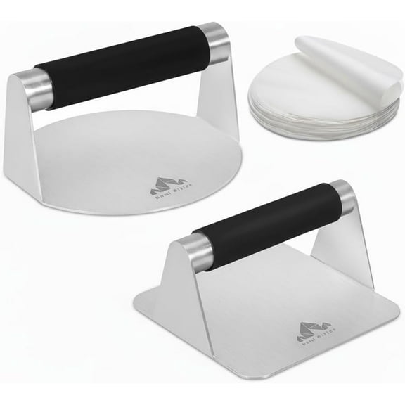 Smash Burger Press Pack of 2 – Round and Square Meat Masher with Silicone Handles – Non-Stick Steel Hamburger Press with 100Pcs Parchment Papers – Burger Smasher for Hamburger Patties