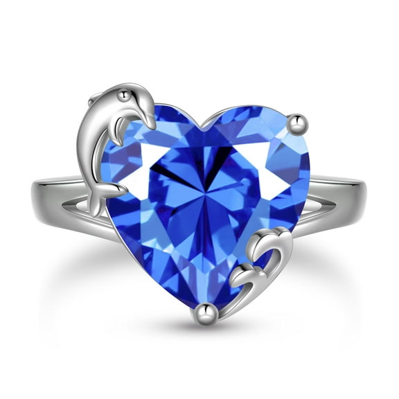 Juwaliy 9Ct Women Heart Ring 925 Sterling Silver Dolphin December Birthstone Tanzanite Blue Solitaire Ring Jewelry Mom Christmas Birthday Gift