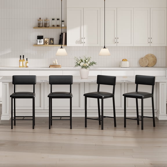 Garvee Set of 4 Counter Height Bar Stools, 400 LBS Heavy-Duty PU Leather Upholstered Chairs with Backrest for Kitchen Island-Black