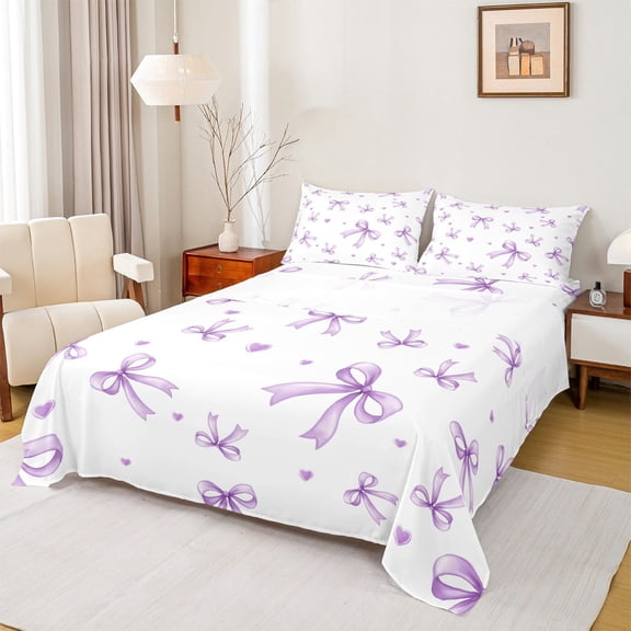 Feelyou Girly Purple Bowknot Twin Sheet Sets, Cartoon Princess Bowknot Twin Fitted Sheet, Teen Boy Girl Kid Flat Sheet, Lightweight Room Decor, 3-Piece