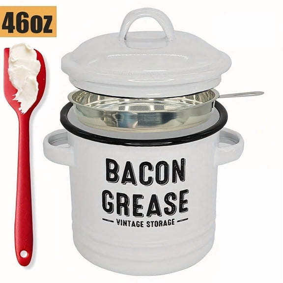 Bacon Grease Container with Strainer - Large 46OZ Kitchen Oil Storage Can, Food Saver Bin with Lid and Scraper, Dishwasher Safe (White)