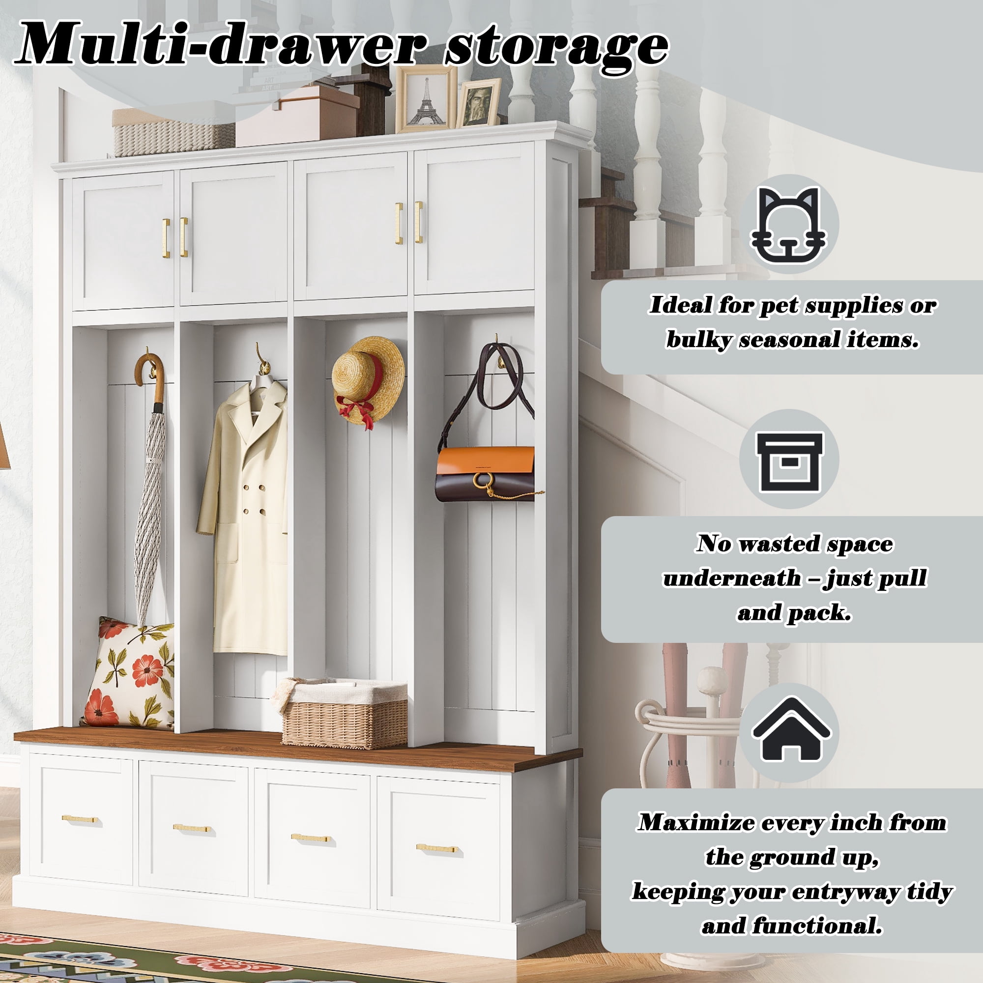 Mintazer 78” Tall Farmhouse Entryway Hall Tree with Coat Rack Hooks, Cabinets, Drawers & Shoe Storage Bench for Living Room, Bedroom, Hallway, White