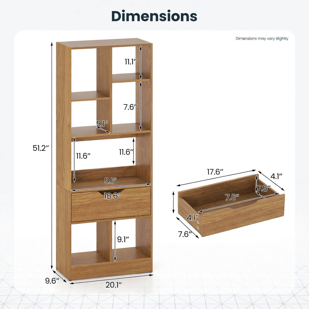 GVN 51inch Tall Freestanding Bookcase 7-Cube Storage Organizer with Drawer Multi-Use Open Shelves for Home Office Study Living Room Books Decor Display, Natural