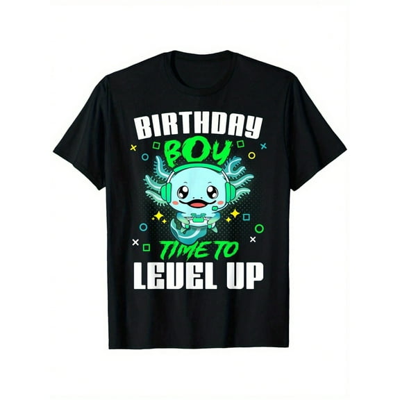 Youngsters' Axolotl "Time to Level Up" Gamer Birthday T-Shirt - Comfortable Cotton, Crew Neck, Short Sleeve, Vibrant Cartoon Design for Boys & Girls