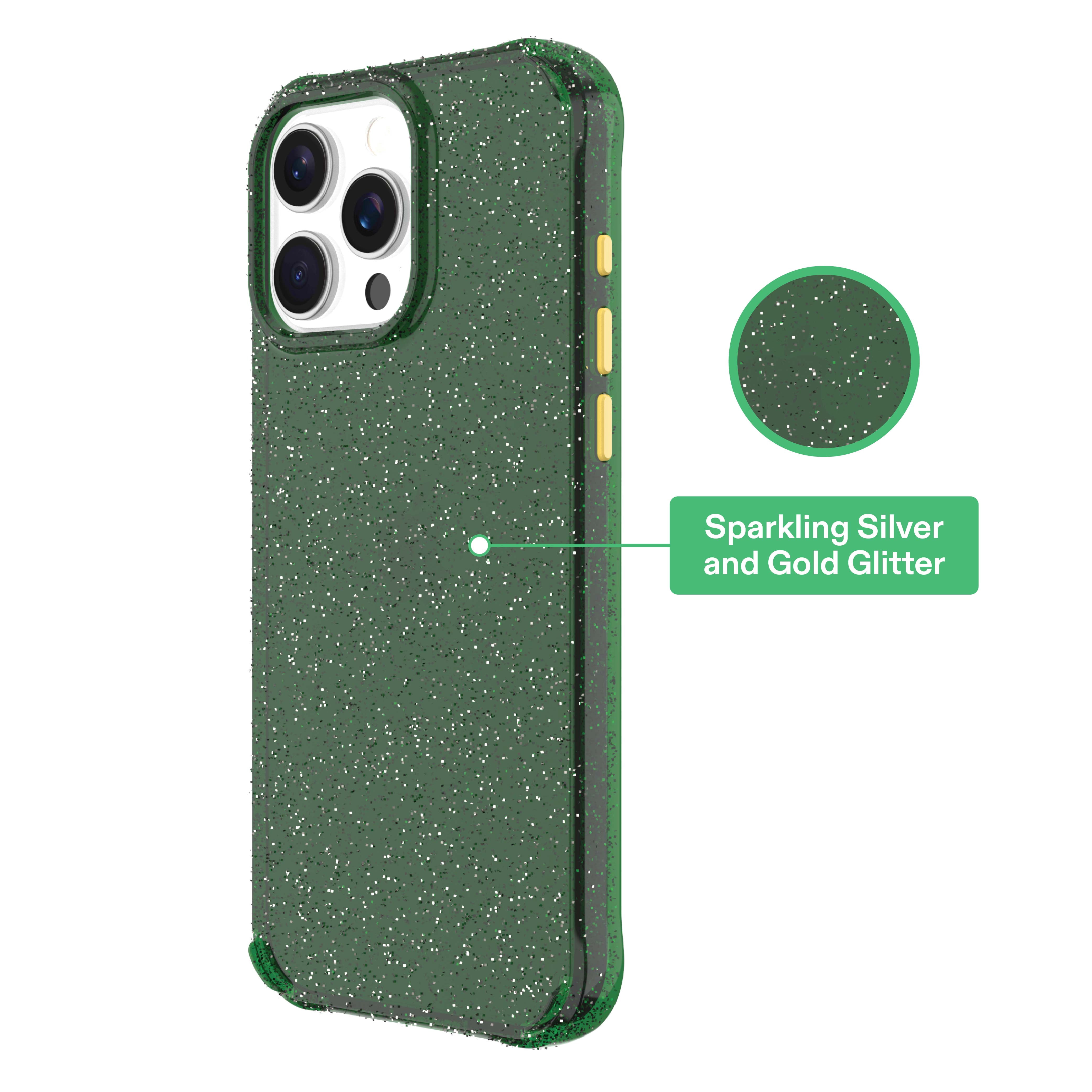 onn Sparkle Phone Case for iPhone 16 Pro Max - Green with Gold Glitter